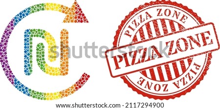 Shekel repay composition icon of circle spots in different sizes and spectrum bright color tones. Red rounded distress watermark with Pizza Zone phrase.