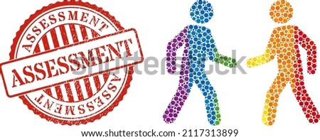 Men meeting collage icon of round dots in various sizes and rainbow color tints. Red round rubber watermark with Assessment title. A dotted LGBT- colored men meeting for lesbians, gays,