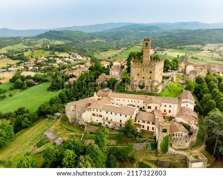 Aerial view of Bibbiena town, located in the province of Arezzo, Tuscany, the largest town in the valley of Casentino. Originally an important Etruscan town that evolved into a Medieval castle.