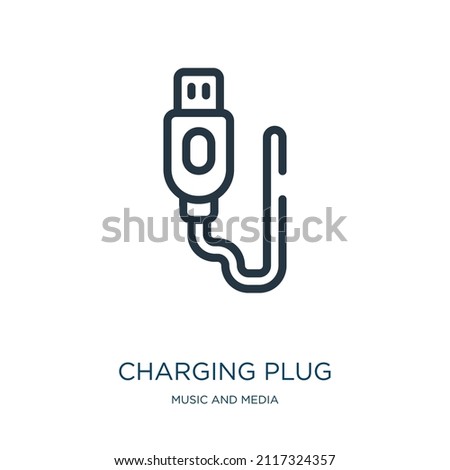 charging plug thin line icon. electricity, power linear icons from music and media concept isolated outline sign. Vector illustration symbol element for web design and apps.