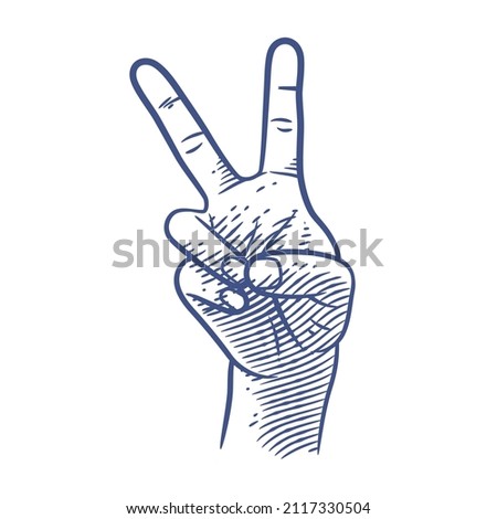 Peace sign hand gesture line art vector illustration. Hand showing two finger peace sign gesture