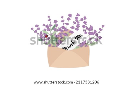 Vintage open light brown envelope with hand drawn lavender flowers and ladybug with quote thank you. Cute stock vector illustration in simple cartoon style. Thank you card.