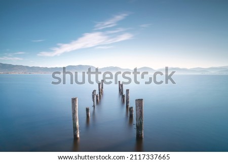 Wooden pier remains and lake at sunrise. Long Exposure. Massaciuccoli lake. Torre del Lago Puccini, Versilia, Tuscany, Italy, Europe
