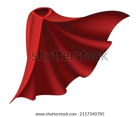 Superhero red cape. Scarlet fabric silk cloak in front view. Carnival masquerade dress, realistic costume design. Flying Mantle costume Royalty-Free Stock Photo #2117340785