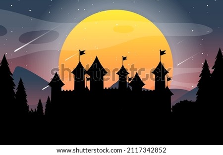 Castle scene silhouette with full moon illustration