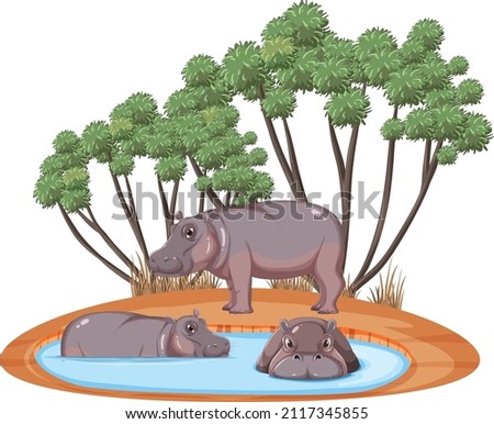 Isolated savanna forest with hippopotamus illustration