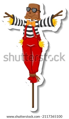 Scarecrow wearing red overall on wooden stick illustration