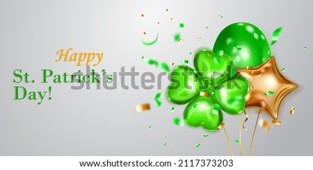 Illustration on St. Patrick's Day with several colored helium balloons: ordinary and in the form of a four-leaf clover, and falling pieces of serpentine. On white background