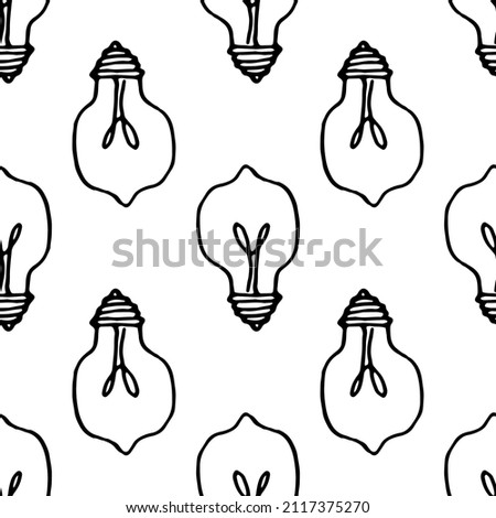 A pattern of a light bulb. A hand-drawn isolated element in doodle style, made of a round-shaped light bulb icon, a black counter often placed on white for a design template. Symbol of an idea 