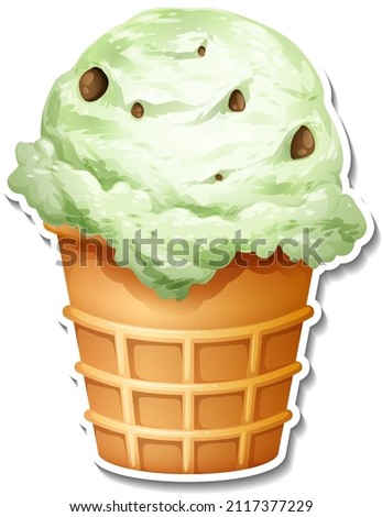 Mint chocolate chip ice cream cone illustration