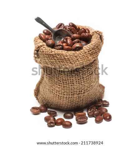 coffee beans in burlap bag, isolated