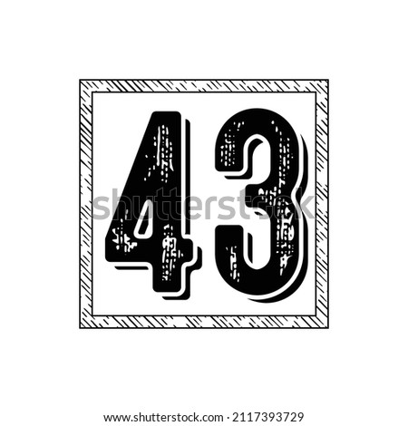 43 Classic Vintage Sport Jersey Uniform numbers in black with a black outside contour line number on white background for American football, Baseball and Basketball or soccer for shirt