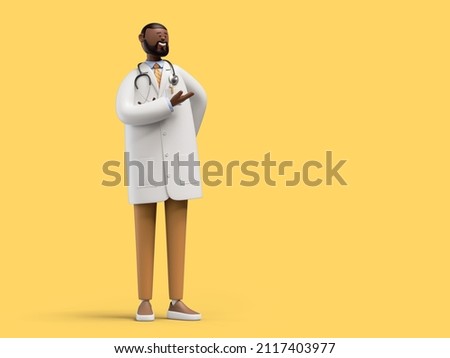 3d render. African cartoon character doctor standing and giving recommendation. Medical clip art isolated on yellow background. Professional presentation