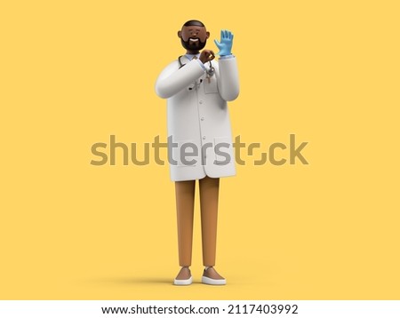 3d render. African cartoon character doctor wears blue latex glove. Medical clip art isolated on yellow background. Professional protection safety concept