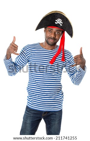 African american man in costume pirate on white background. Halloween Fancy Costume and holiday