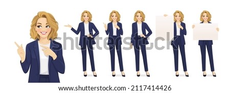Elegant beautiful business woman in different poses set. Various gestures pointing, showing, standing, holding empty blank board isolated vector illustration Royalty-Free Stock Photo #2117414426
