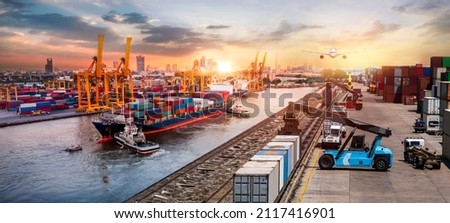 Global business of Container Cargo freight train for Business logistics concept, Air cargo trucking, Rail transportation and maritime shipping, Online goods orders worldwide Royalty-Free Stock Photo #2117416901
