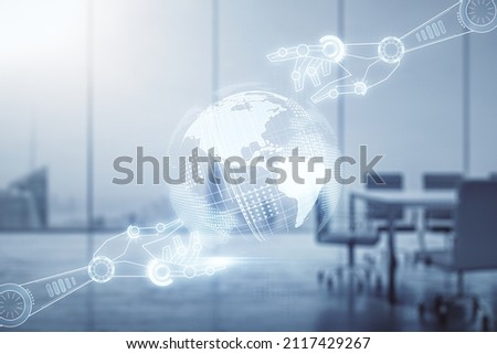 Abstract virtual robotics technology sketch with globe on a modern boardroom background, future technology and AI concept. Double exposure