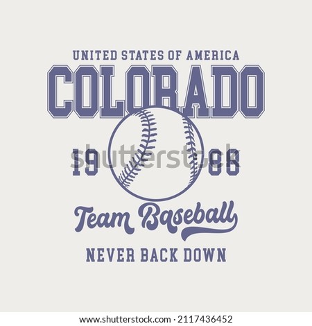 College Colorado Team Baseball varsity slogan typography for t-shirt. Varsity slogan print tee shirt, sport apparel print. Vintage graphics. Vector illustration.
