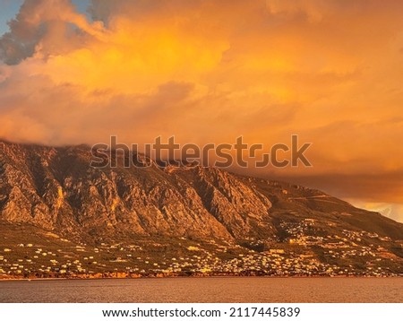 Seaside view of Kalamata beach with beautiful colors at sunset. Kalamata, Messenia, Greece