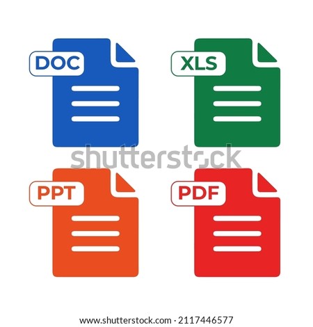 Set of format and extension of documents. Microsoft Word .doc Microsoft Excel .xls Microsoft PowerPoint .ppt .pdf Adobe Acrobat, Nitro Reader, Foxit Reader. Royalty-Free Stock Photo #2117446577