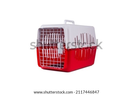 Red Pet Carrier isolated on white background. side view Royalty-Free Stock Photo #2117446847