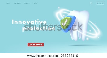 Web banner with 3d illustration of a Healthy tooth and protective shield, anti-caries protection concept composition Royalty-Free Stock Photo #2117448101
