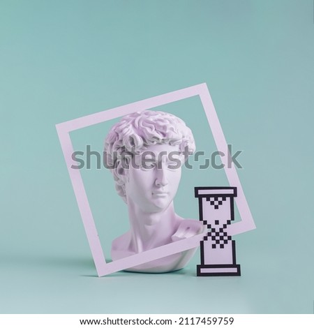 Grecian or Roman bust of a young man surrounded by a tilted frame with hourglass digital symbol over green
