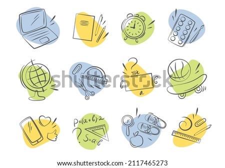Hand drawn set icons of school supplies and objects. Back to school background. Doodle sketch style. Vector illustration