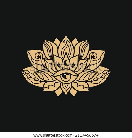 Ornamental  lotus flower pattern with third eye. Decoration in oriental, Indian style. Doodle ornament. Gold silhouette hand drawn vector illustration.