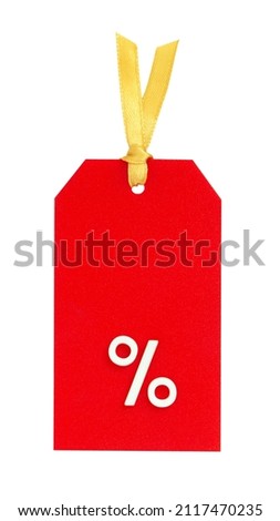 percent on a red tag with a gold ribbon. vertical orientation. big tag small percentage