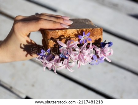 Woman's hand holds fried toast bread with hyacinth flowers. Delicious breakfast, good morning, flower fantasy.