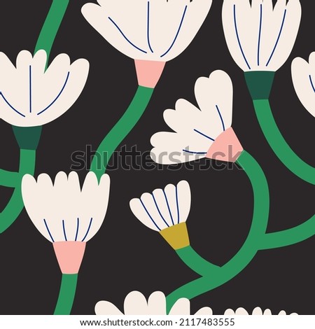 Cute floral pattern with abstract white  flowers on dark background. Stylish design for textile,wallpaper, design paper.