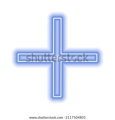 Blue neon cross isolated on white. Plus sign. One object. Vector illustration