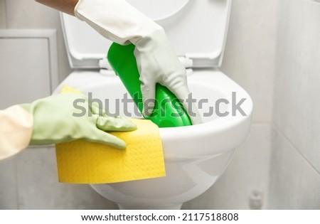 cleaning the toilet close-up hands holding a rag and detergent for cleaning