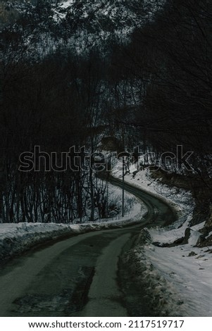 Road with snow in village, nature and winter