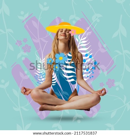 Relax, yoga. Beautiful romantic girl on drawn colorful floral background. Contemporary collage. Contemporary artwork. Magazine cover design. Beauty, style, pop art, fashionable. Trendy colors.