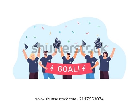 Active fans cheering for favorite soccer team at match. Group of happy people holding banner with word goal flat vector illustration. Celebration, sports concept for website design or landing page Royalty-Free Stock Photo #2117553074