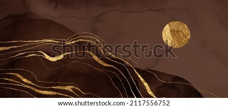 Beige, brown watercolor fluid painting vector background design.Golden marble texture, geode. Dye elegant soft splash style. Alcohol ink imitation. Abstract mountains, hills, sun, moon. Royalty-Free Stock Photo #2117556752