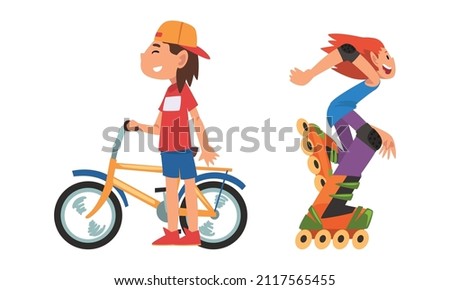 Boy and Girl with Bike and Riding Roller Skates Vector Set