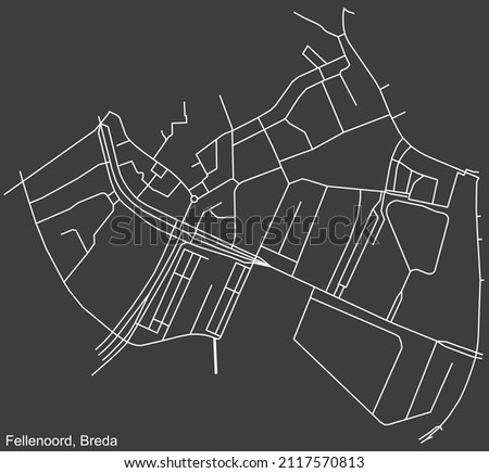 Detailed negative navigation white lines urban street roads map of the FELLENOORD NEIGHBORHOOD of the Dutch regional capital city Breda, Netherlands on dark gray background