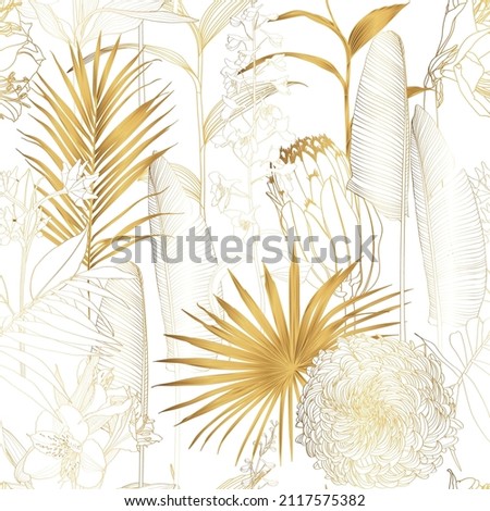 Exotic tropical floral golden line flowers, protea, fan palm leaves seamless pattern. White background. Golden floral wallpaper.  Royalty-Free Stock Photo #2117575382