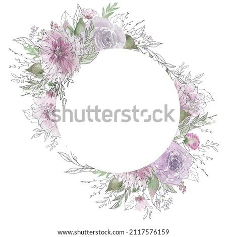 Pink Floral Oval Frame. Watercolor violet flowers and green leaves Border. Gentle Pink blossom Round composition. Hand painted linear illustration isolated on white background. For Wedding design