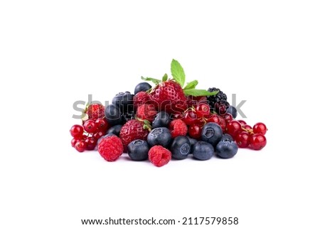 Ripe berries mixed assortment on white background. Summer berries sweet background. Royalty-Free Stock Photo #2117579858