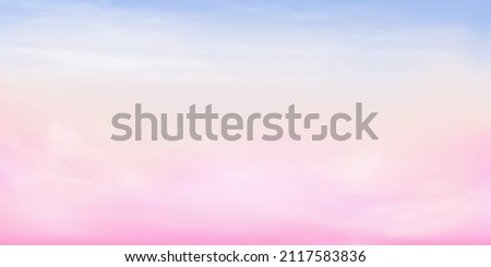 Clear blue to pink sky and white cloud detail  with copy space. Summer heaven with colorful sweet sky. Sugar cotton pink clouds for design.Fantasy pastel background. Vector illustration.