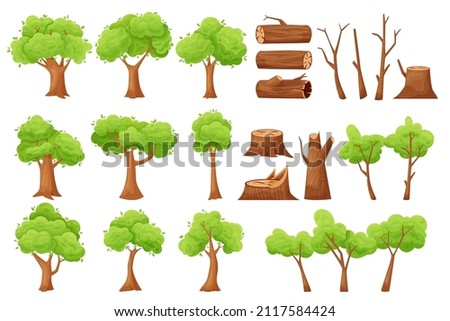 Cartoon tree and wood. Forest green vegetation with stump, log, trunk and branches. Vector isolated set Royalty-Free Stock Photo #2117584424