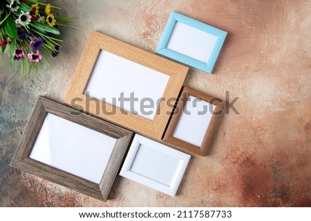 top view different picture frames with flowers on a light background marriage love couple feeling valentines day present gift color