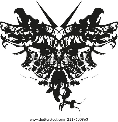 Black-white dangerous butterly wings for your creative ideas. Grunge scary butterfly wings with an unusual distressed wolf pattern for fabric, prints, textiles, wallpaper, fashion trends, poster, etc.