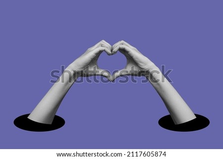 Human female hands showing a heart shape isolated on a very peri color background. Feelings and emotions. Trendy abstact collage in magazine urban style. Contemporary art. Modern design