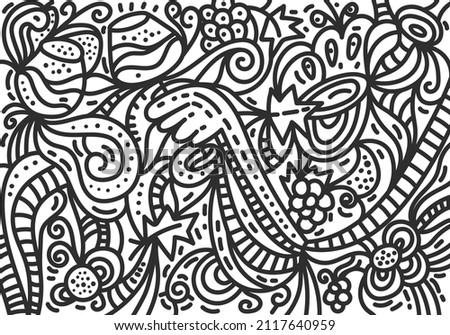 Hand drawn doodles background. Decoration for wine and drink designs. Cheerful and dynamic background. Line vector illustration.
